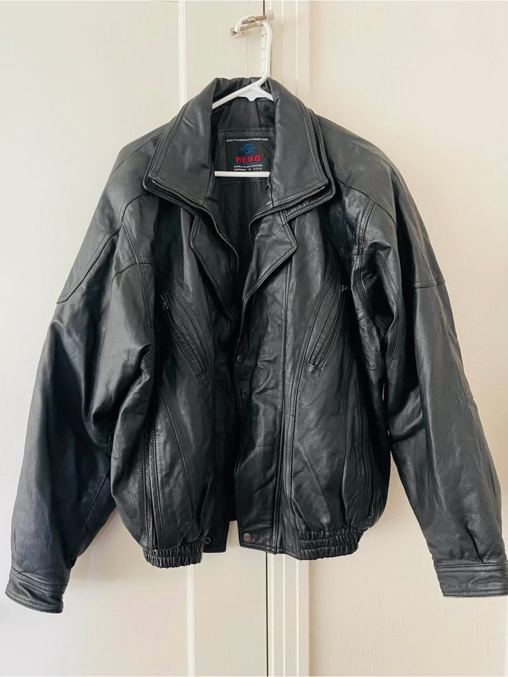 MEBO Men's Black Leather Bomber Jacket Full Zip Lined Pockets Point Collar